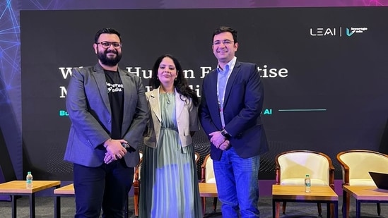 Akshay Chaturvedi, Founder and CEO of Leverage Edu (left) along with representatives of the company at the AI Impact Summit India.