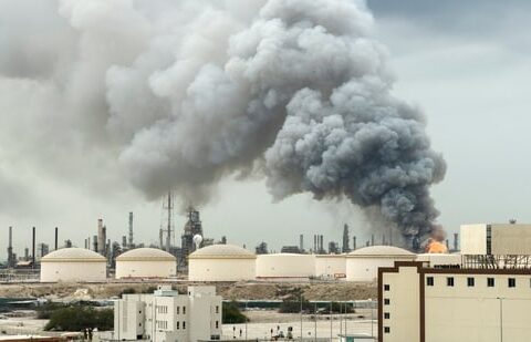 Smoke rises following a strike on the Bapco Oil Refinery, amid the U.S.-Israeli conflict with Iran, on Sitra Island Bahrain, March 9, 2026. REUTERS/Stringer (REUTERS)