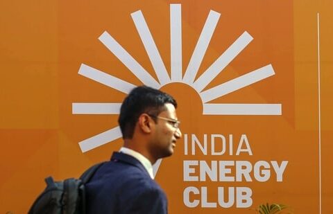 Signage during India Energy Week in Goa in January 2026. India imports about 90% of its crude oil and nearly half of its LPG. (Bloomberg)