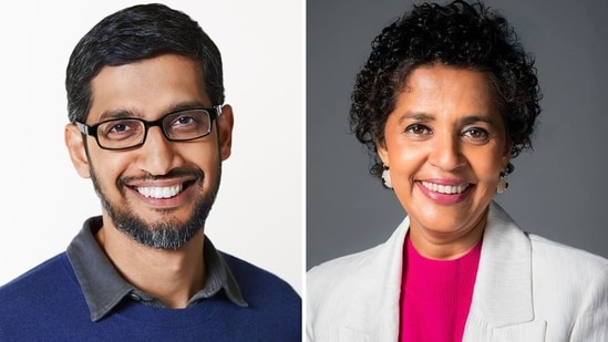 Google CEO Sundar Pichai (L), Flex CEO Revathi Advaithi (R). (LinkedIn)