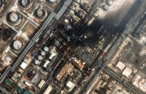 This satellite image provided by Vantor shows damage after a drone attack at Ras Tanura oil refinery in Saudi Arabia on Monday, 2 March 2026. (AP)