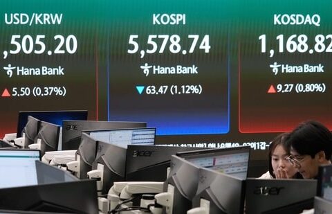 Currency traders watch monitors near a screen showing the Korea Composite Stock Price Index (KOSPI), top center, and the foreign exchange rate between U.S. dollar and South Korean won, top left, at the foreign exchange dealing room of the Hana Bank headquarters in Seoul, South Korea, Thursday, March 26, 2026. (AP Photo/Ahn Young-joon) (AP)