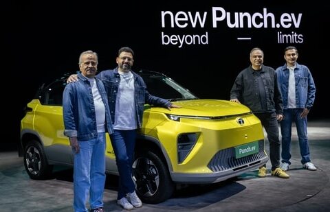 (From left) TMEV Chief Product Officer Anand Kulkarni, TMEV Chief Commercial Officer Vivek Srivatsa, Tata Motors PV CEO Shailesh Chandra and TMEV Chief Strategy Officer Balaje Rajan at the launch of the new Punch EV in Mumbai. (Handout)