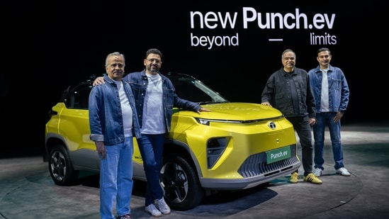 (From left) TMEV Chief Product Officer Anand Kulkarni, TMEV Chief Commercial Officer Vivek Srivatsa, Tata Motors PV CEO Shailesh Chandra and TMEV Chief Strategy Officer Balaje Rajan at the launch of the new Punch EV in Mumbai. (Handout)