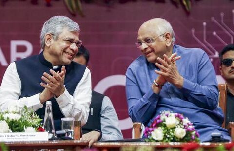 Union minister Ashwini Vaishnaw, left, interacts with Gujarat chief minister Bhupendra Patel during the Gujarat SemiConnect Conference, in Gandhinagar, Gujarat, on March 1 (PTI)