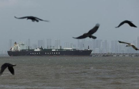 FILE PHOTO: Birds fly near the Jag Vasant vessel transferring LPG at a port after transiting the Strait of Hormuz amid supply disruptions linked to the U.S-Israeli conflict with Iran (REUTERS)