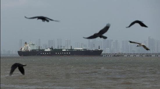 FILE PHOTO: Birds fly near the Jag Vasant vessel transferring LPG at a port after transiting the Strait of Hormuz amid supply disruptions linked to the U.S-Israeli conflict with Iran (REUTERS)