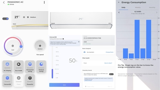 Our experience with the MirAIe app on iOS, allowing extensive controls for cooling modes, Converti8 power saving, Proximity Control and also power consumption (Vishal Mathur/HT)