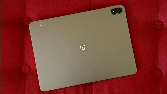 The OnePlus Pad 4, photographed here in a rare Dune Glow colour that gives bronze hues as light reflects off it. (HT photo | Vishal Mathur)