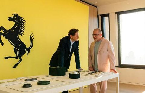 Ferrari executive chairman John Elkann with Sir Jony Ive. (Official image)