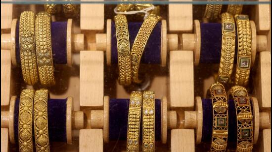 Gold bangles on display at a jewellery store in Delhi. (Reuters)
