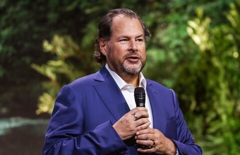 Salesforce CEO Marc Benioff prepares to introduce OpenAI CEO Sam Altman ahead of a conversation held at Yerba Buena Theater during the first day of Dreamforce, the annual tech conference hosted by Salesforce, in San Francisco, Tuesday, Sept. 12, 2023 (Jessica Christian/San Francisco Chronicle via AP) (AP)