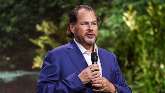 Salesforce CEO Marc Benioff prepares to introduce OpenAI CEO Sam Altman ahead of a conversation held at Yerba Buena Theater during the first day of Dreamforce, the annual tech conference hosted by Salesforce, in San Francisco, Tuesday, Sept. 12, 2023 (Jessica Christian/San Francisco Chronicle via AP) (AP)