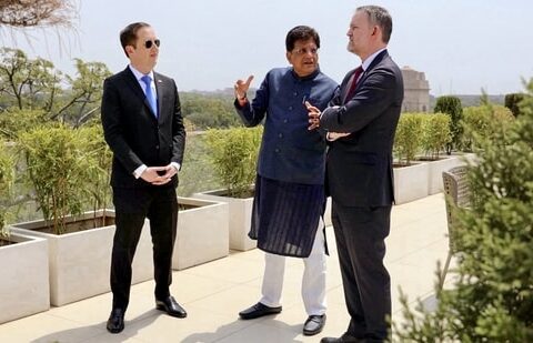 Commerce minister Piyush Goyal with US Ambassador to India Sergio Gor and US trade representative Jamieson Greer, in New Delhi. ( Sergio Gor/X via ANI)
