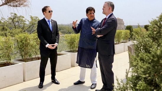 Commerce minister Piyush Goyal with US Ambassador to India Sergio Gor and US trade representative Jamieson Greer, in New Delhi. ( Sergio Gor/X via ANI)