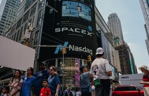 SpaceX branding in New York’s Times Square during the company’s initial public offering.