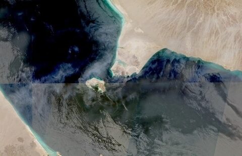 A satellite image shows Bab al Mandab Strait, a key shipping waterway and the gateway to the Red Sea, as Iran threatens using Yemen's Houthi allies to shut this gateway too. (Nasa Worldview via Reuters)