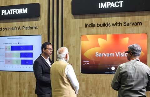Prime Minister Narendra Modi during the inauguration of India AI Impact Expo, at Bharat Mandapam in New Delhi. Sarvam AI co-founder Pratyush Kumar also seen. (PMO/Representational)