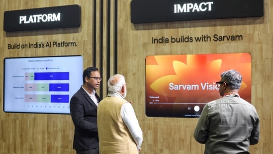 Should the government own a piece of AI companies? Prime Minister Narendra Modi during the inauguration of India AI Impact Expo, at Bharat Mandapam in New Delhi. Sarvam AI co-founder Pratyush Kumar also seen. (PMO/Representational)