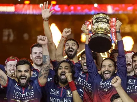 RCB team celebrates their IPL 2026 win in Ahmedabad. (PTI)