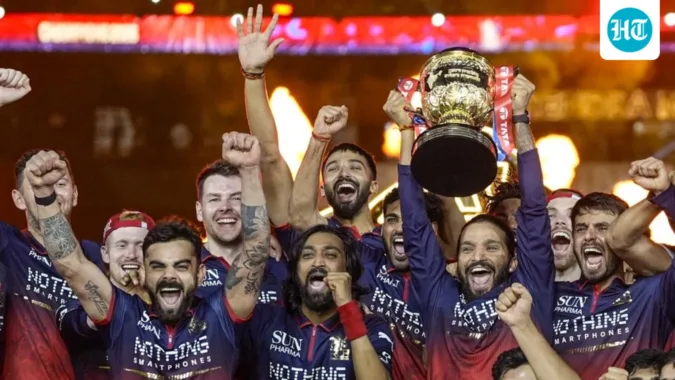 RCB team celebrates their IPL 2026 win in Ahmedabad. (PTI)
