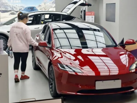 A Model 3 on display at a Tesla store in Shanghai.