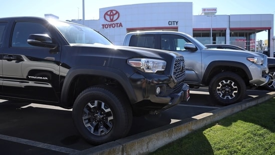 DALY CITY, CALIFORNIA - FEBRUARY 28: Toyota Tacoma trucks are displayed on the sales lot at City Toyota on February 28, 2024 in Daly City, California. Toyota announced plans to recall nearly 381,000 Toyota Tacoma pickup trucks due to an issue with parts falling off the rear axle that could result in a crash. (Photo by Justin Sullivan/Getty Images)