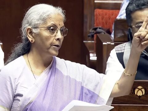 Union Finance Minister Nirmala Sitharaman speaks in Rajya Sabha during the Monsoon session of Parliament in New Delhi. (Sansad TV)