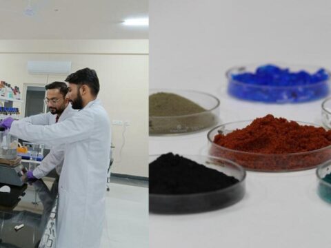 Anupam Kumar and Arvind Bhardwaj working on the extraction process; (right) extracted minerals from a battery. (Official photos)