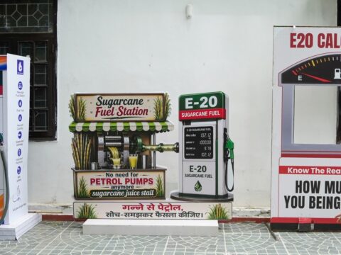 Cutouts of petrol dispensing machines at AAP office ahead of protest against E20 fuel planned by the party this week. (PTI)