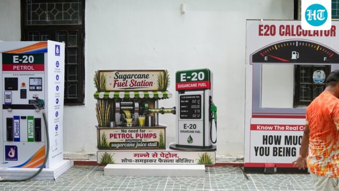 Cutouts of petrol dispensing machines at AAP office ahead of protest against E20 fuel planned by the party this week. (PTI)