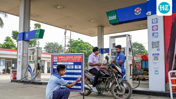 A worker updates prices at a petrol pump in Nadia, West Bengal. (PTI File Photo)