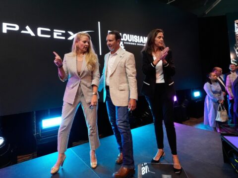 SpaceX President and COO Gwynne Shotwell speaks with Louisiana Gov. Jeff Landry and Secretary of Louisiana Economic Development Susan Bonnett Bourgeois. (AP Photo/Gerald Herbert)