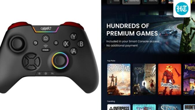The ONMO+ console is priced at  ₹4,999 and can run titles including Cricket 26 and Cyberpunk 2077. (Vishal Mathur | HT picture)