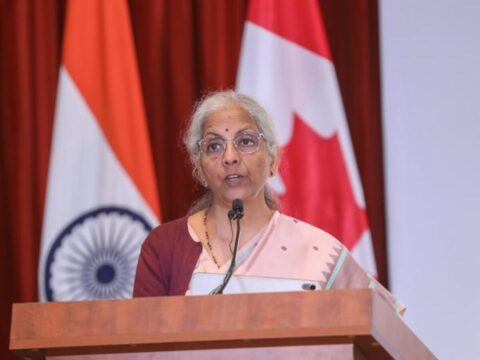 Union finance ministr Nirmala Sitharaman delivers the keynote address during an interaction with business community members of the Indian diaspora, in Toronto, Canada (@FinMinIndia via PTI)