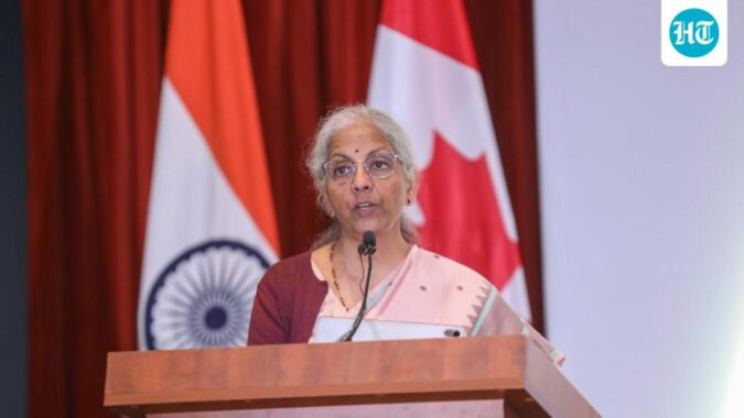 Union finance ministr Nirmala Sitharaman delivers the keynote address during an interaction with business community members of the Indian diaspora, in Toronto, Canada (@FinMinIndia via PTI)