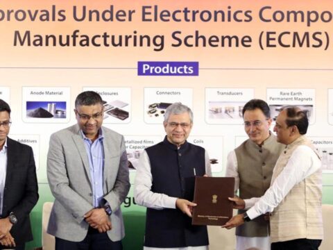 Union minister Ashwini Vaishnaw and Union MoS Jitin Prasada during handing over of approvals under the Electronics Component Manufacturing Scheme, in New Delhi on Monday (ANI)