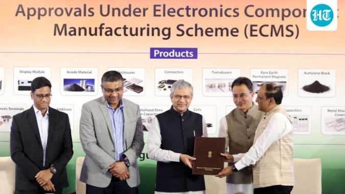 Union minister Ashwini Vaishnaw and Union MoS Jitin Prasada during handing over of approvals under the Electronics Component Manufacturing Scheme, in New Delhi on Monday (ANI)