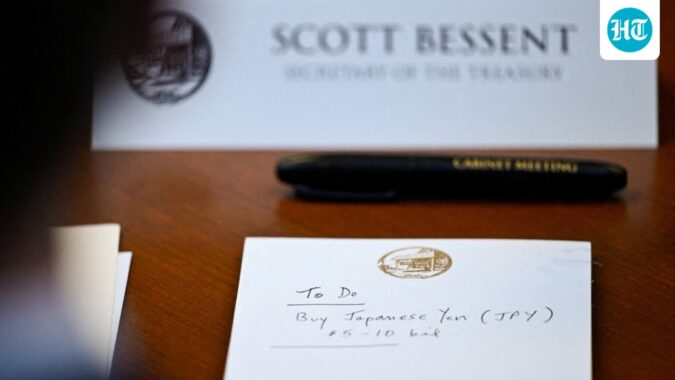 Why Bessent Is Leaning on the Fed to Help Prop Up Japan’s Currency A notepad in front of Treasury Scott Bessent from a July 31 cabinet meeting at Camp David.