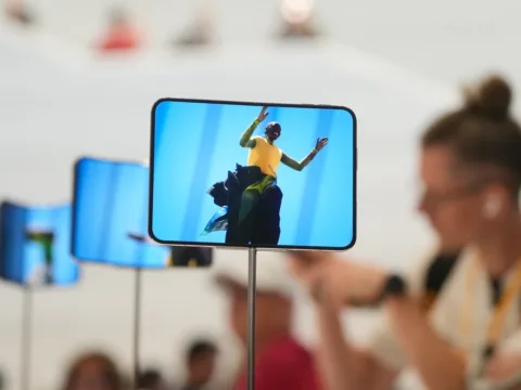 The iPhone Duo is displayed during an announcement of new products on the Apple campus in Cupertino, California. (AP Photo/Jeff Chiu)