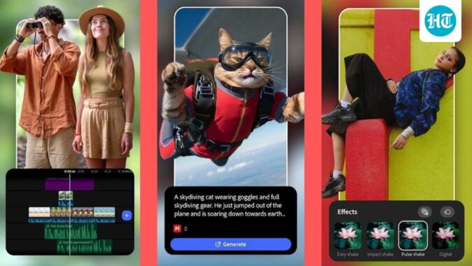(From left) multi-track timeline for edits, generative AI features and effects in the new Adobe Premiere mobile on Android app (Official Photo)