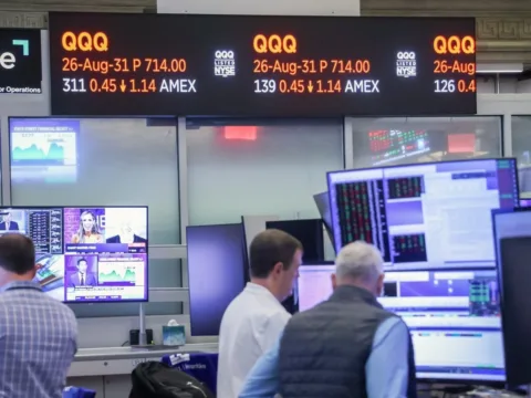 QQQ rises as AI stocks rally and Treasury yields fall. (Photographer: Michael Nagle/Bloomberg) (Bloomberg)