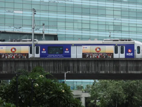 A Mumbai Metro train displaying the National Stock Exchange (NSE) logo ahead of the exchange's planned initial public offering (IPO) in Mumbai (REUTERS)