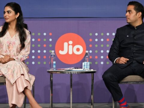 Isha Ambani, director at Jio Platforms Ltd., and Akash Ambani, managing director of Jio Platforms Ltd., during a Jio Platforms Ltd. news conference ahead of the company's listing ceremony. (Bloomberg)