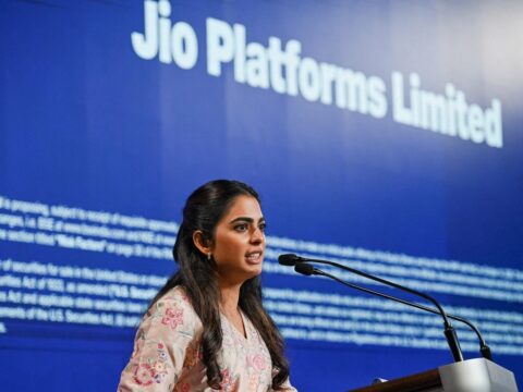 Isha Ambani, non-executive director of Jio Platforms Ltd. addresses during a Jio Platforms Ltd. IPO press conference in Mumbai. (REUTERS)