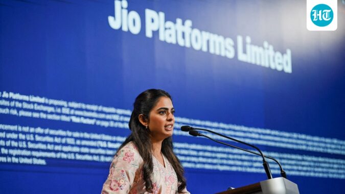 Isha Ambani, non-executive director of Jio Platforms Ltd. addresses during a Jio Platforms Ltd. IPO press conference in Mumbai. (REUTERS)