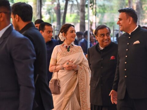 Mukesh Ambani and Nita Ambani at an event at the Jio World Convention Centre in Mumbai. (Raju Shinde/HT)