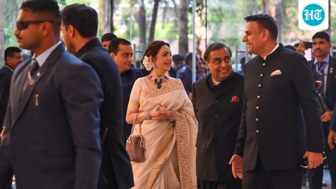 Mukesh Ambani and Nita Ambani at an event at the Jio World Convention Centre in Mumbai. (Raju Shinde/HT)