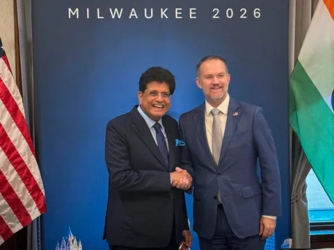 Piyush Goyal met US Trade Representative Jamieson Greer at sidelines of the G20 trade ministers’ meeting in Milwaukee. (@PiyushGoyal/X)