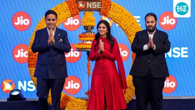 Jio Platforms Managing Director Akash Ambani, Jio Platforms Limited Non-Executive Directors Anant Ambani and Isha Ambani during the bell-ringing ceremony on the day of the listing of company during its IPO. (PTI)